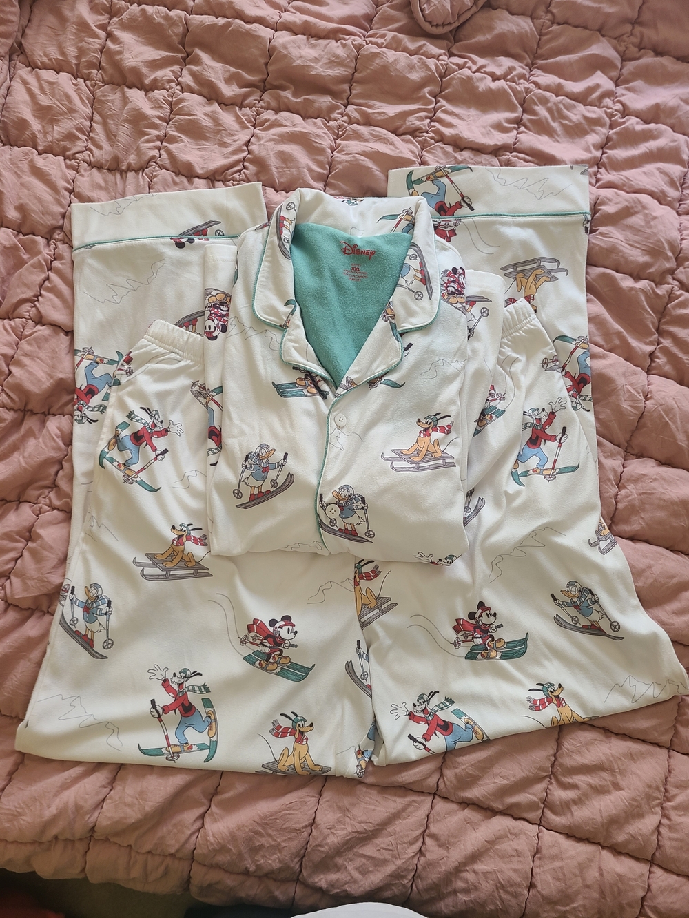 Disney Cream Pajama Set with Teal Lining and Ski Character Motif